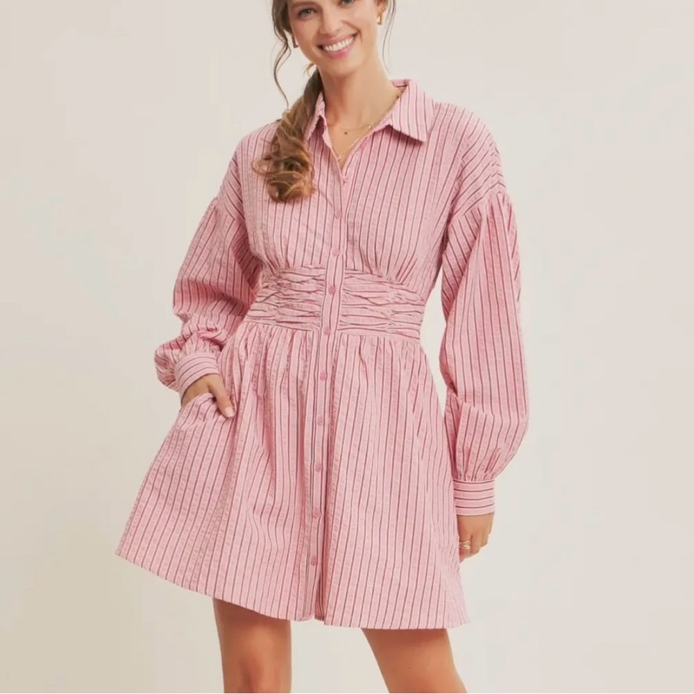 In February Pink Striped Shirtdress Size M, NWT